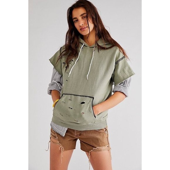 Free People Tops - NEW Sz M Medium Womens Free People x Tricia Fix Stitch Short Sleeve Green Hoodie